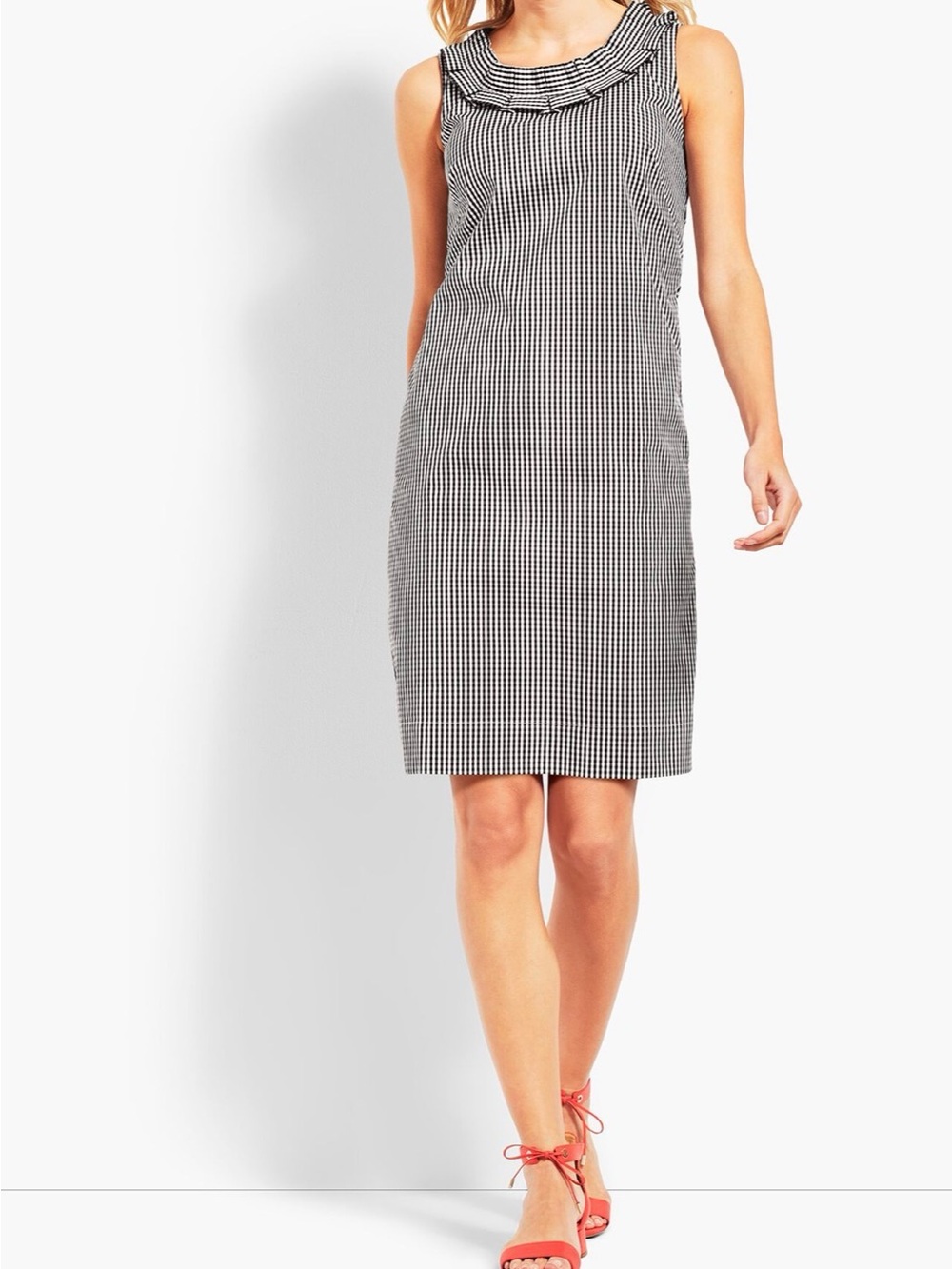 Talbots Black & White Gingham Ruffle Neck Sleeveless Shift Dress Size 14P